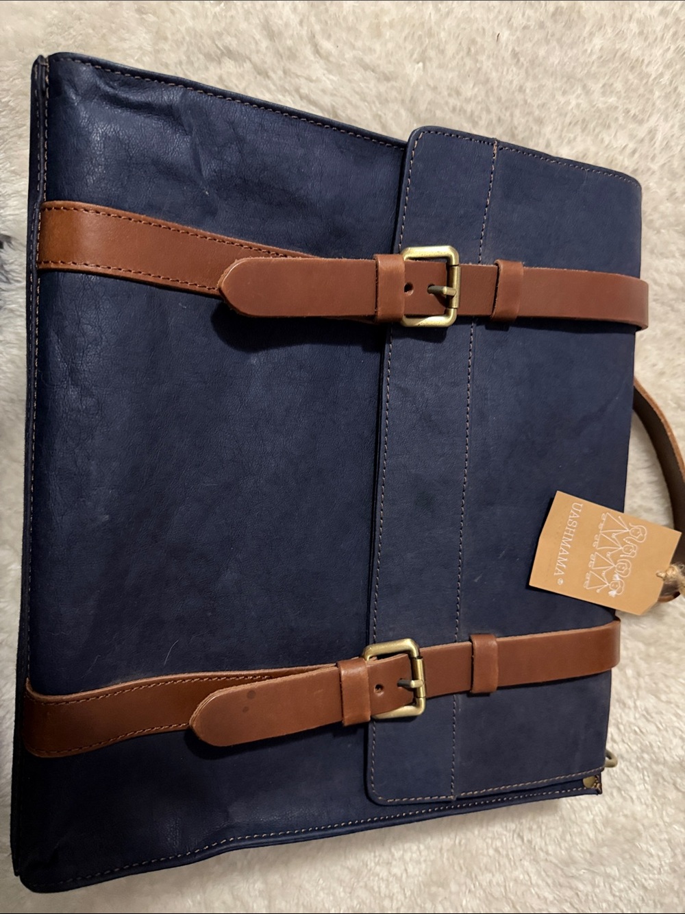 UASHMAMA Navy Blue & Brown Leather-Trim Briefcase/Backpack